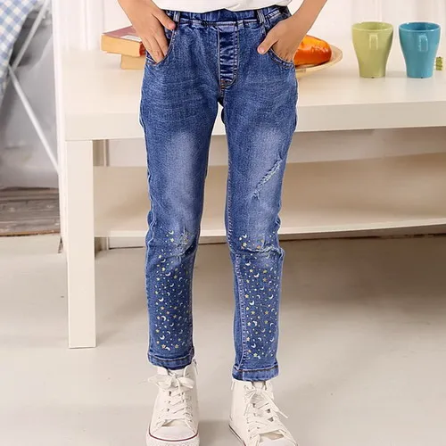 Новинка года, весенние детские повседневные джинсовые штаны, модные детские рваные джинсы с принтом со звездами, штаны для крупных девочек возрастом от 5 до 10 лет - Цвет: Синий