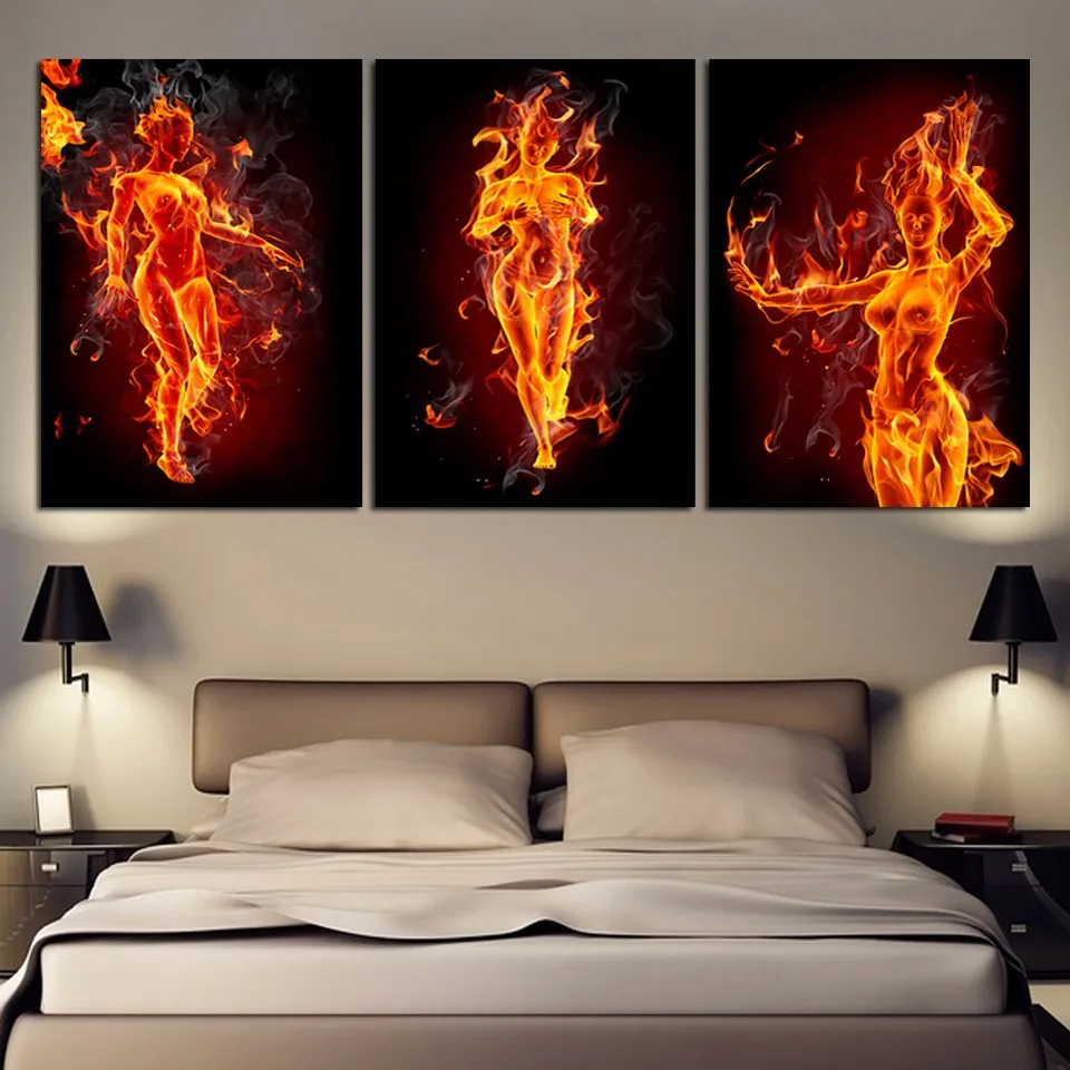 

HD Printed Modern Painting On Canvas 3 Pieces Woman Flame Modular Picture Wall Art Home Decoration Posters Frame Living Room