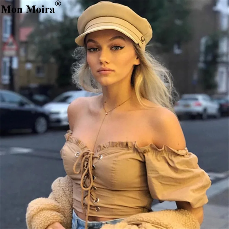 

Women Lace Up Stringy Selvedge Blouses Tops Ins Streetwear Off Shoulder Solid Women Shirts cwa0012-6