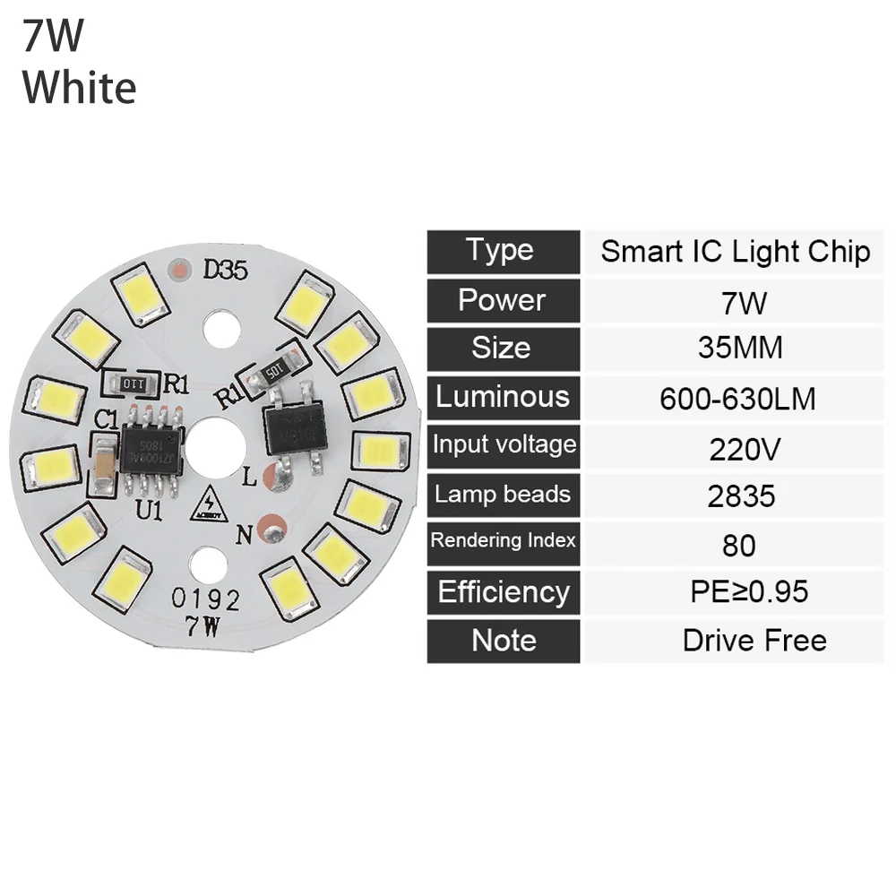 Светодиодный светильник SMD 15 Вт, 12 Вт, 9 Вт, 7 Вт, 5 Вт, 3 Вт, светодиодный светильник с чипом ac220в, интеллектуальный IC светодиодный светильник для лампы белого цвета - Испускаемый цвет: 7W