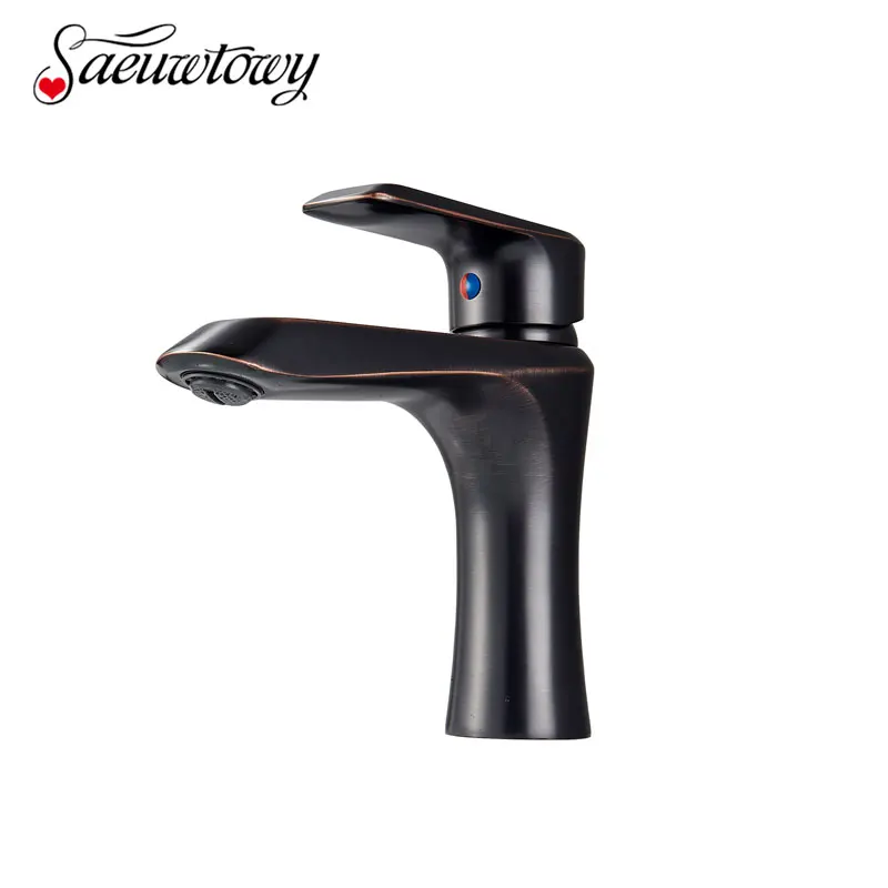 

Saeuwtowy Oil Rubbed Bronze Basin Faucet Deck Mounted One Holder One Hole Hot and Cold Mixer Tap