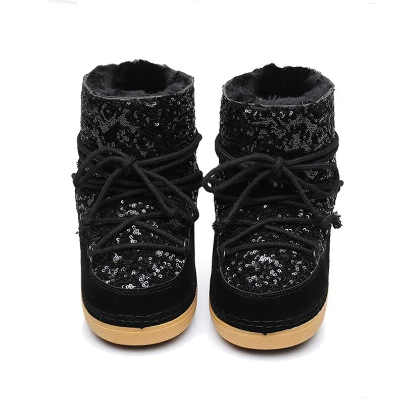Kickway Algodón Invierno De Plataforma Mujeres Piel Fur Zapatos Bling Nieve Caliente Con Glitter Botas Boots Tela Lentejuelas Gruesa Tobillo khaki Las Black Plana wn7vTn