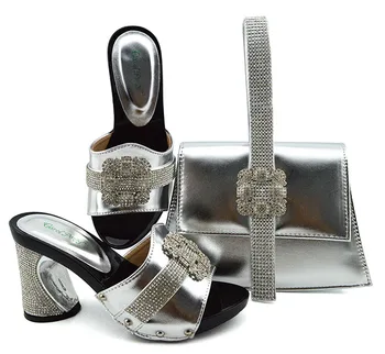 

Silver italian shoes and bag matching set fashion slippers shoes and clutches bag set for african aso ebi party SB8362-3