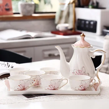 

Top-grade coffee cups set Ceramic decal parrten tea cups with tray pot British Porcelain teapot set Coffee Cup Wedding Gifts