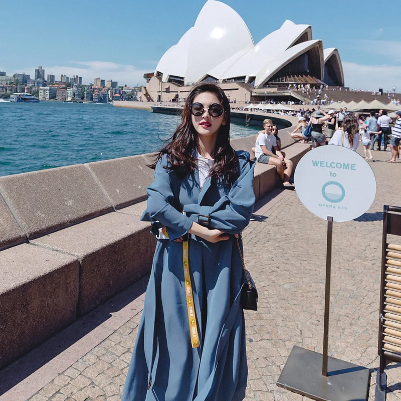 

SWYIVY Women Trench Coats Belt 2019 spring autumn New Female Long Design Slim Coat Color Blue Woman Trench Coats