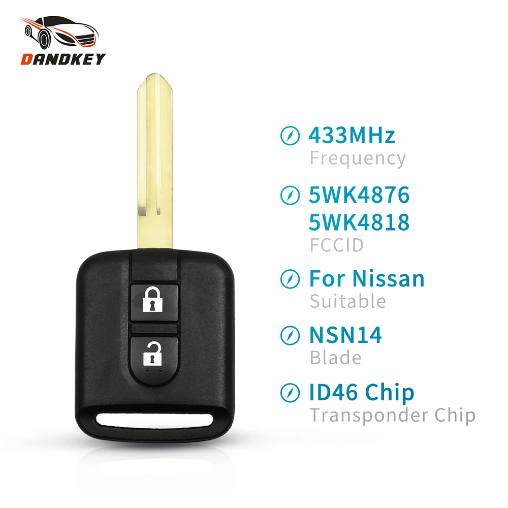 

Dandkey Remote Key For Nissan Qashqai Elgrand X-TRAIL Navara Micra NV200 5WK4 876 / 818 433MHz NSN14 Blade 2 Buttons ID46 Chip