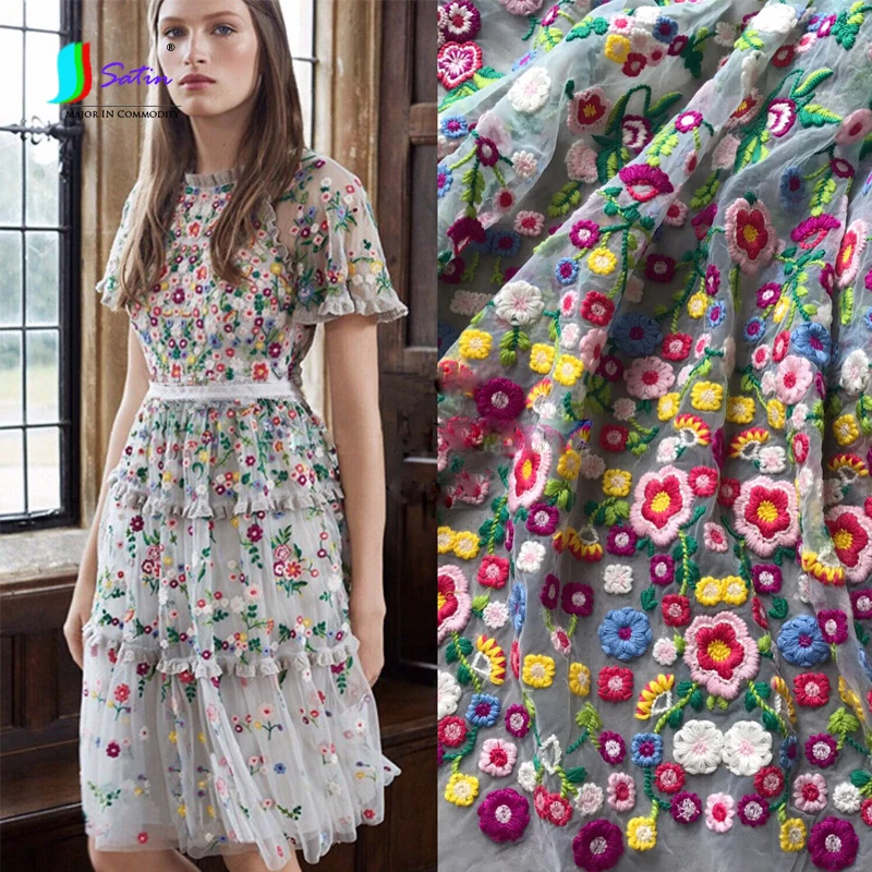 

High Quality Mesh Colorful Small Plum Flower Embroidery Hollow Breathable Lace Fabric Clothing Dress Skirt Fabrics S0015F