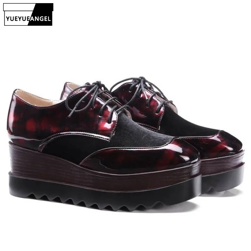 

Women Faux Patent Leather Creeper Shoes Patchwork Lace Up Square Toe Fashion Thick Platform Pumps Hip Hop Wedges High Heel Shoes