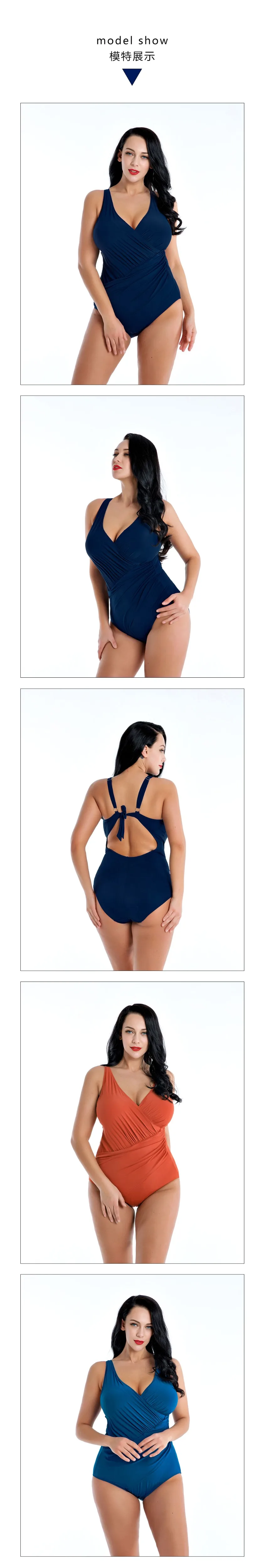 Whole Woman Swimsuit Solid One Piece Swimwear Plus Size Orange Backless Monokini Push Up Tummy Control Navy Swim Suit XXXXL (15)
