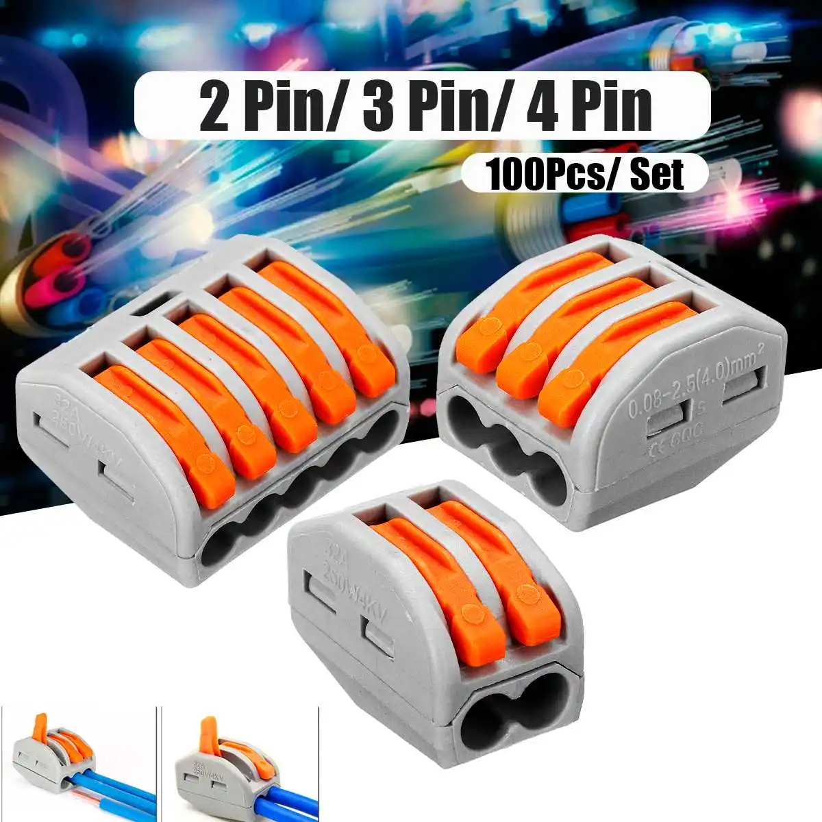 

100Pcs 0.08~2.5mm2 Hard 0.08~4mm2 Soft Terminal Block Lever Electric Cable Compact Wire Connector 2/3/5 Pin Conductor Reusable