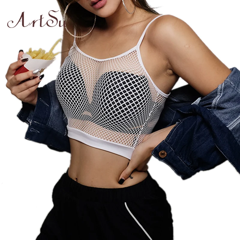 

ArtSu Fashion Mesh Crop Top Sexy Transparent Camis Black Top Bralette Sleeveless Backless Short Tops Camisole ASVE20508