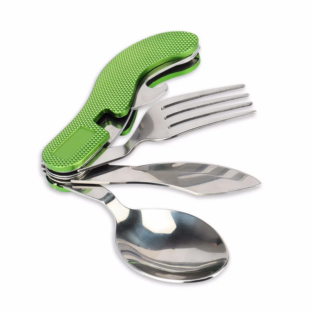 4 in 1 Portable MultiFunction Durable Stainless Steel Folding Spoon Fork Knife Bottle Opener Outdoor Camping Picnic Tableware 