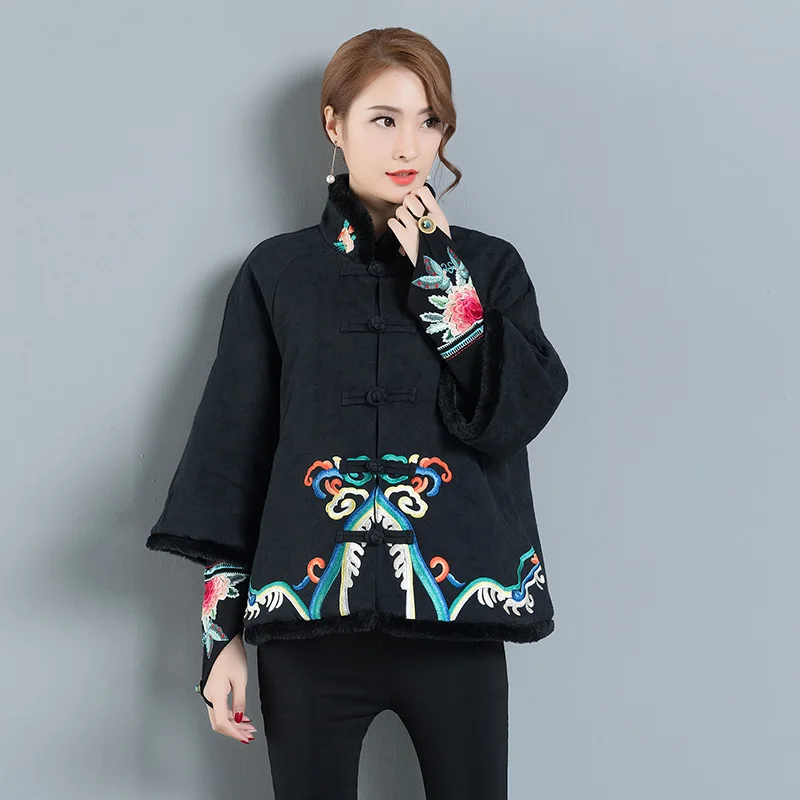Women Parka vintage Chinese Style Embroidery Parkas short Coat Autumn