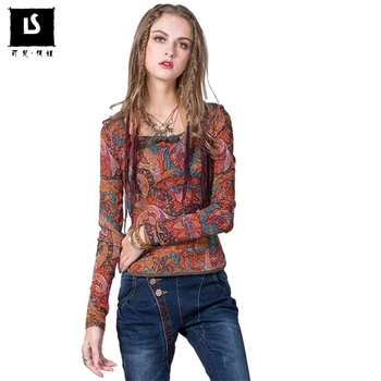 

Women T-Shirts 2020 Spring Autumn Women Patchwork Printing Pipa Button Slim Vintage T-Shirt Casual Long Sleeve Femme Tees Tops