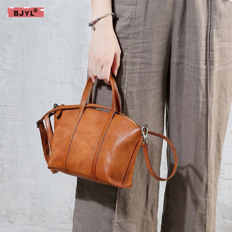

BJYL new retro art Women Messenger bag simple original female handbag vegetable tanned leather portable shell shoulder Tote bag