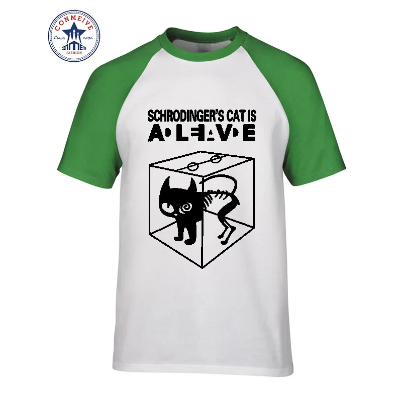 Забавный кот шродингер, наука гик, Теория большого взрыва, Шелдон Купер, хлопковая футболка для мужчин - Цвет: green1