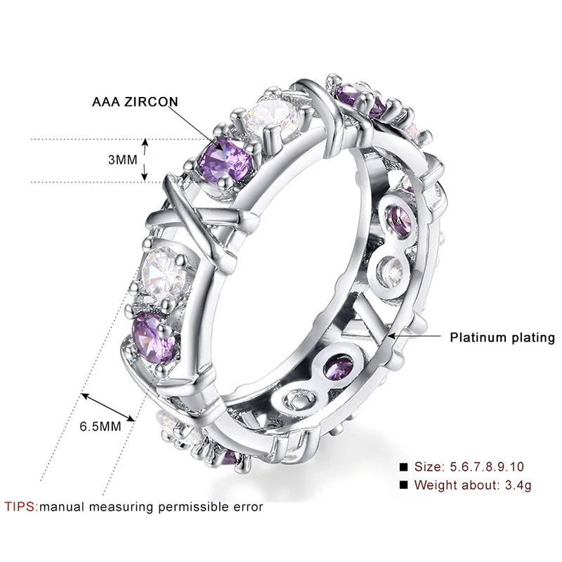 Личность фиолетовый и прозрачный обручальное кольцо с серебристый циркониевый кольца для женщин ювелирные изделия