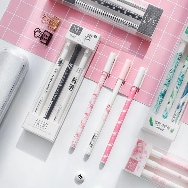 

3 Pcs/pack Kawaii 0.5mm Green Plants Flamingo Sakura Dot Grid Gel Pens Signature Pen Escolar Papelaria School Office Stationery