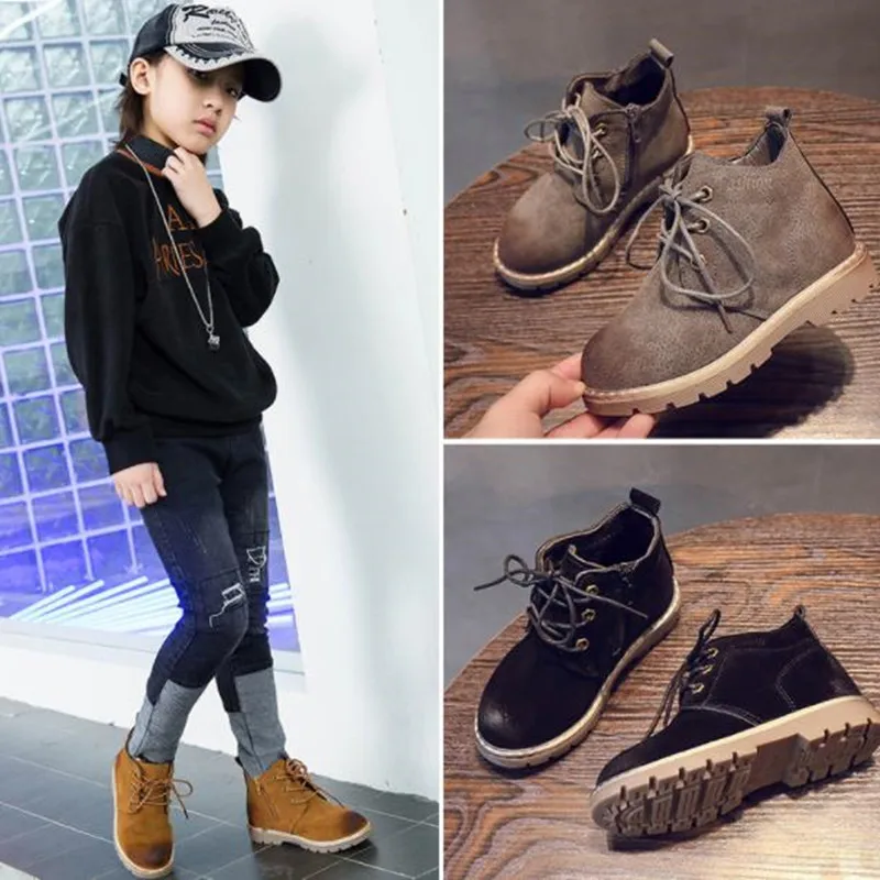 

HaoChengJiaDe School Autumn Kids Shoes Winter Girl Warm Shoes Snow Boots PU Leather Waterproof Rubber Kids Warm Martin Boots