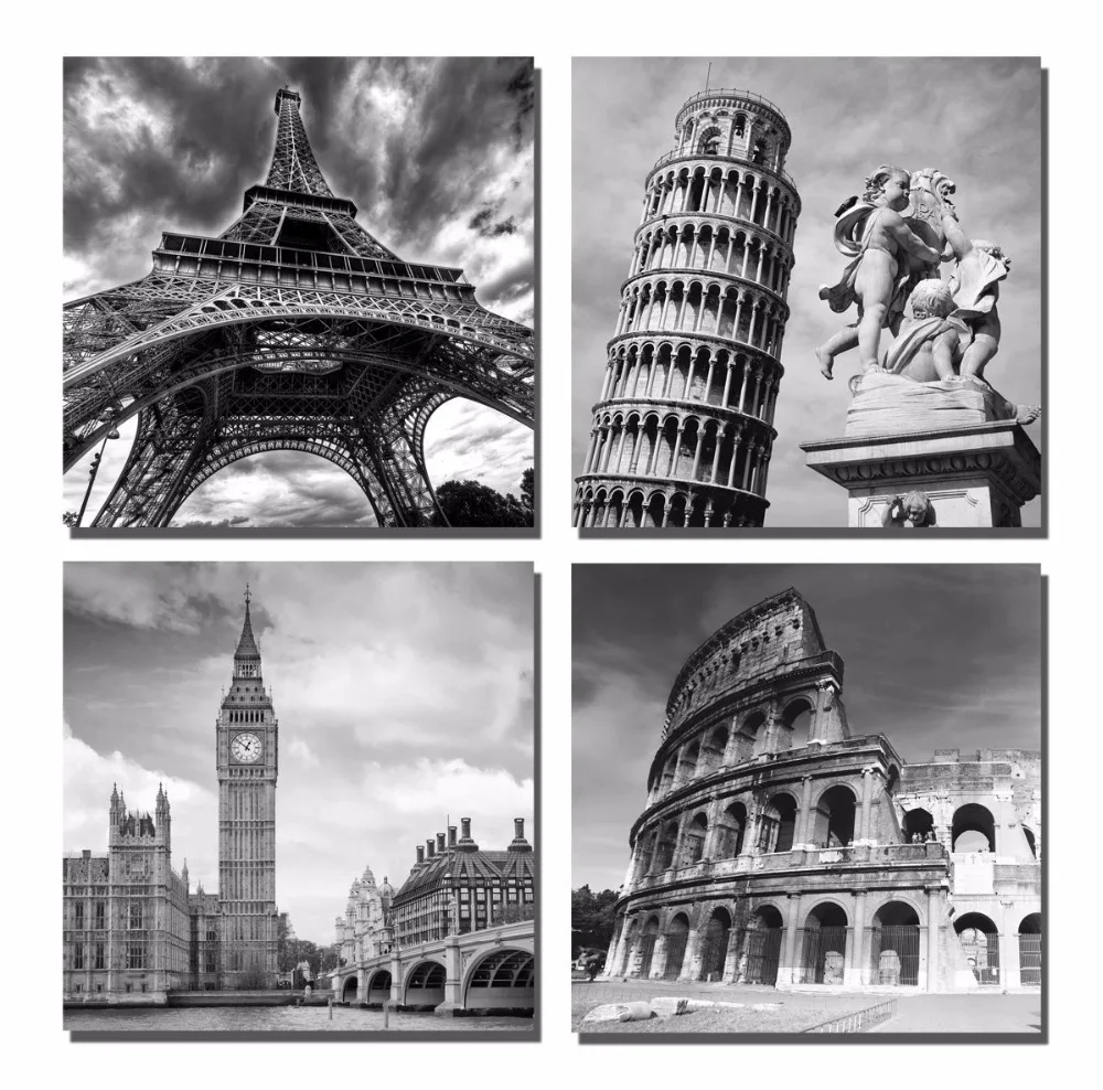 Yin Art 4-Panel Canvas Print Wall Art Set - New York City Historic Buildings Statue in Black and White - Yellow Taxis in Selective Color, 12x12 Inch -  - 
