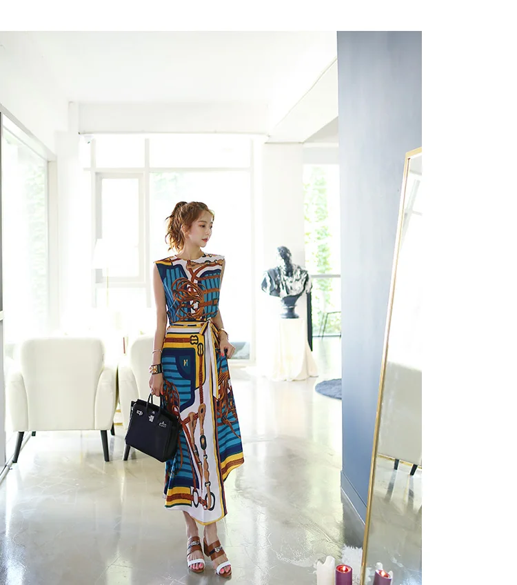Высокое качество летний модный дизайнерский женский костюм топ с принтом из кристаллов и бисером+ винтажные полуюбки с принтом два комплекта