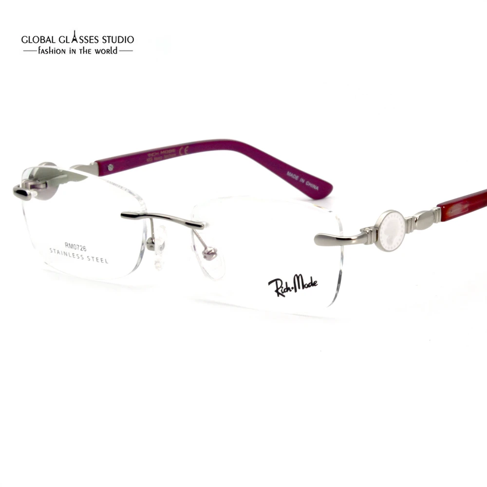 

New Fancy Women Famous Brand Classic Rimless Eyeglasses Precious Lady Optical Frame Gold Metal Eyewear Crystal Tip RM0726