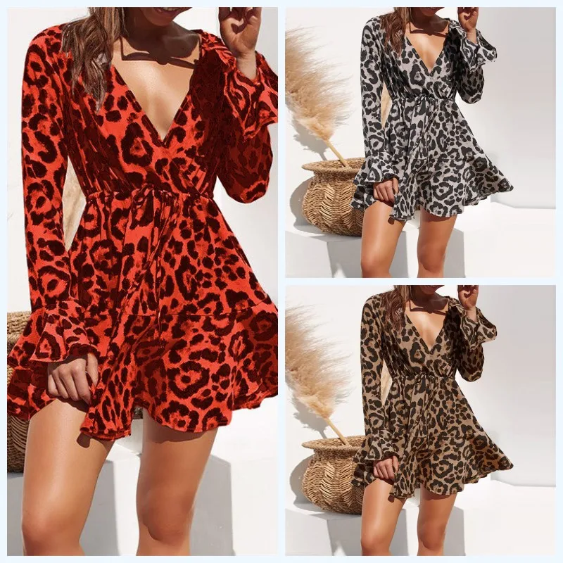 Leopard Print Mini Dress Women Sexy Deep V Neck Animal Print Dress Autumn Long Flare Sleeve Ruffles Ladies Vintage Dresses