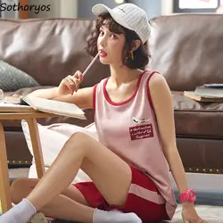 Пижамные комплекты для женщин Летний жилет хлопок тонкий секционный свободный домашний сервис Корейская версия двухсекционного костюма