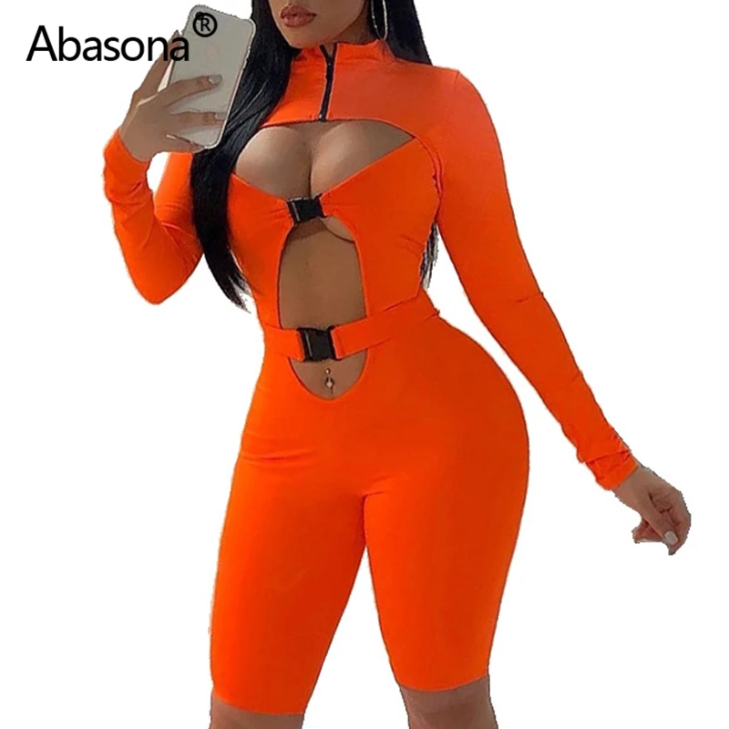 

Abasona Turtleneck Cut Open Bust Buttons Sexy Sportsuit Knee Length Long Sleeve Sexy Nightclub Party Orange Romper Playsuit