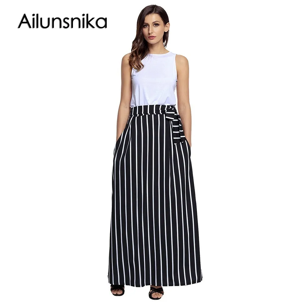 Ailunsnika 2018 Sexy verano nueva moda Casual faldas largas para las mujeres elegante estilo cintura alta marco rayas Maxi falda DL65037|casual long long skirtfashion maxi skirt - AliExpress