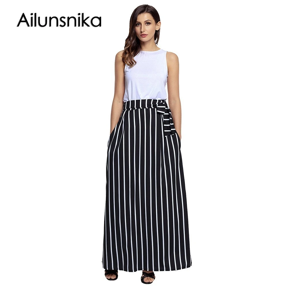 Ailunsnika 2018 Sexy verano nueva moda Casual faldas largas para las mujeres elegante estilo alta rayas Maxi falda DL65037|Faldas| AliExpress