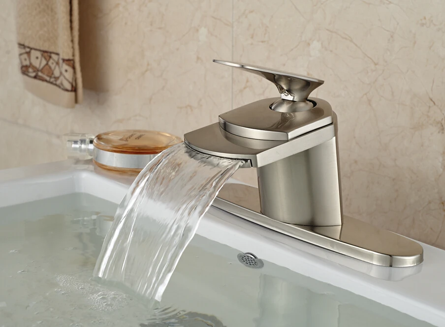 

Deck Mounted Waterfall Basin Faucet Nickel Brushed Sink Mixer W/ Decoration Cap