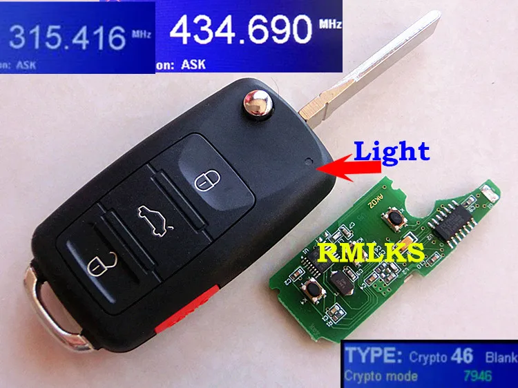 

RMLKS 4 Buttons 315MHz 433MHz Keyless Fob 3+1 Buttons Flip Remote Key Fit For VW Touareg With ID46 Chip HU66 Blade