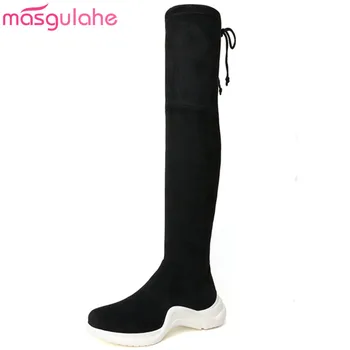 

Masgulahe 2018 fashion over the knee boots women round toe zip cross tied thight height boots elegant ladies autumn winter boots