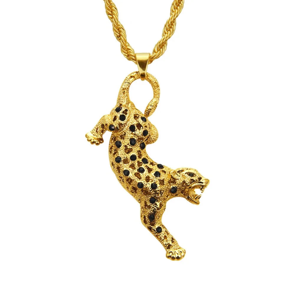 

Crystal Hip-hop Hollow leopard Pendant Necklace For Women Gold With 74cm chain Necklace Statement Accessories