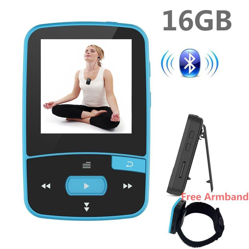 Bluetooth MP4 Player 16GB Clip Sport Sweatproof Lossless Audio Player with FM Radio pedometer and Bookmark