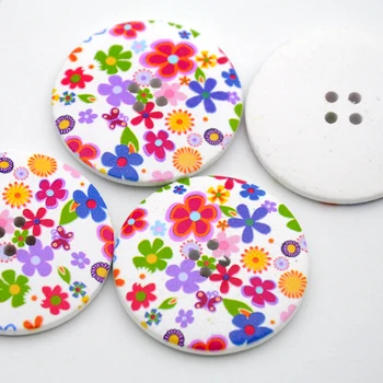 

DIY fancy 50pcs 40mm 4-hole big round wood buttons flower design painting white back free shipping MM-035