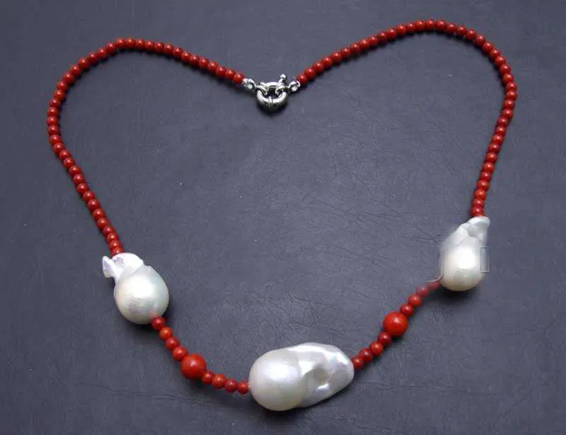 Big 14*25mm White Baroque Nuclear pearl &amp 3-4mm Red Coral 18'' Necklace | Украшения и аксессуары
