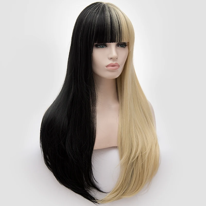 Similler для женщин Длинные Синтетические парики лоскутное Черное золото прямые волосы Омбре для Хэллоуина Косплей 2 тона
