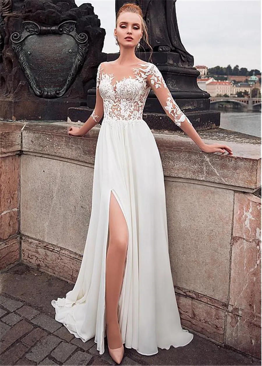 Elegant Chiffon Bateau Neckline See-through Bodice A-line Wedding Dress With Lace Appliques Front Slit 3/4 Sleeves Bridal Dress