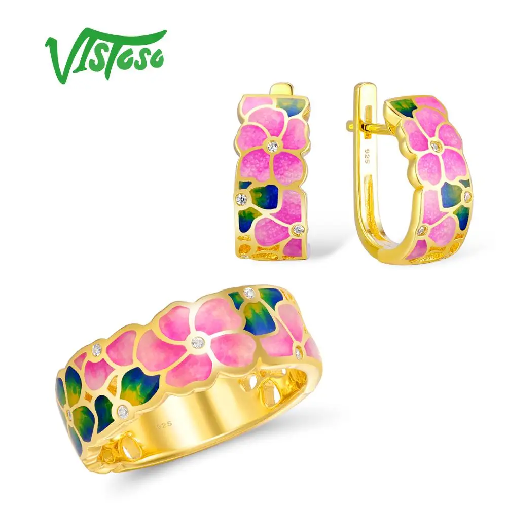 

VISTOSO Jewelry Set HANDMADE Colorful Enamel White CZ Stone Flower Ring Earrings 925 Sterling Silver Women Fashion Jewelry Set