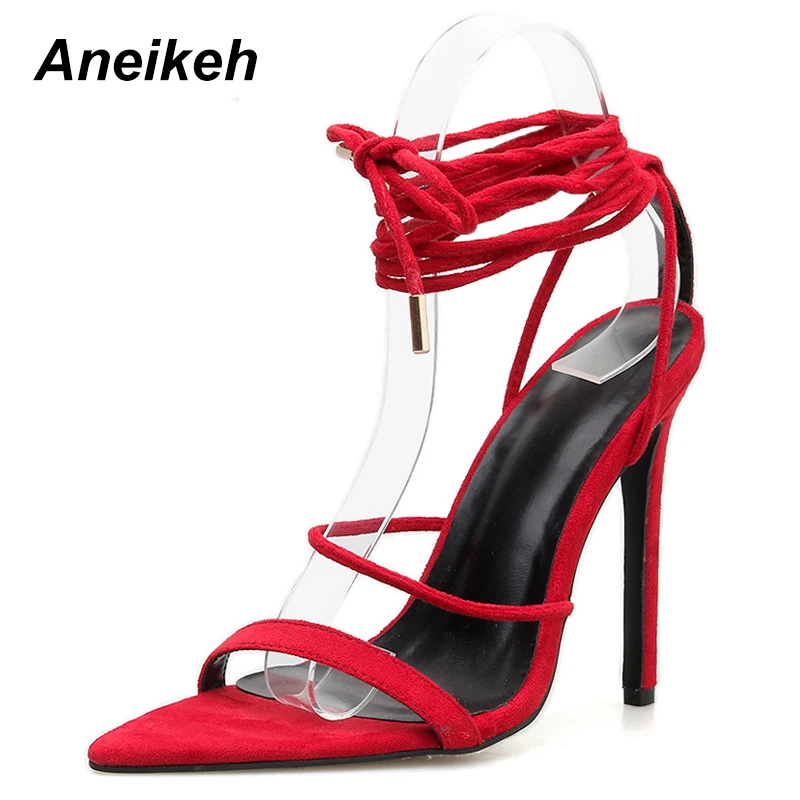 

Aneikeh 2019 Fashion Flock Women Sandals Pointed Toe Solid Thin High Heels Sandals Gladiator Office Party Black Red Size 35-40