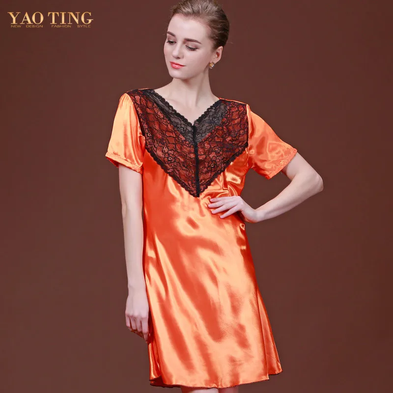 Fashion Women Black Lace Orange Patchwork Nightwear Sleep Wear