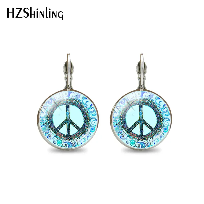 

Peace Sign Colorful Patterns Fashion Glass Cabochon Hook Earrings Hand Craft Hippie Peace Love Signs Jewelry Earrings