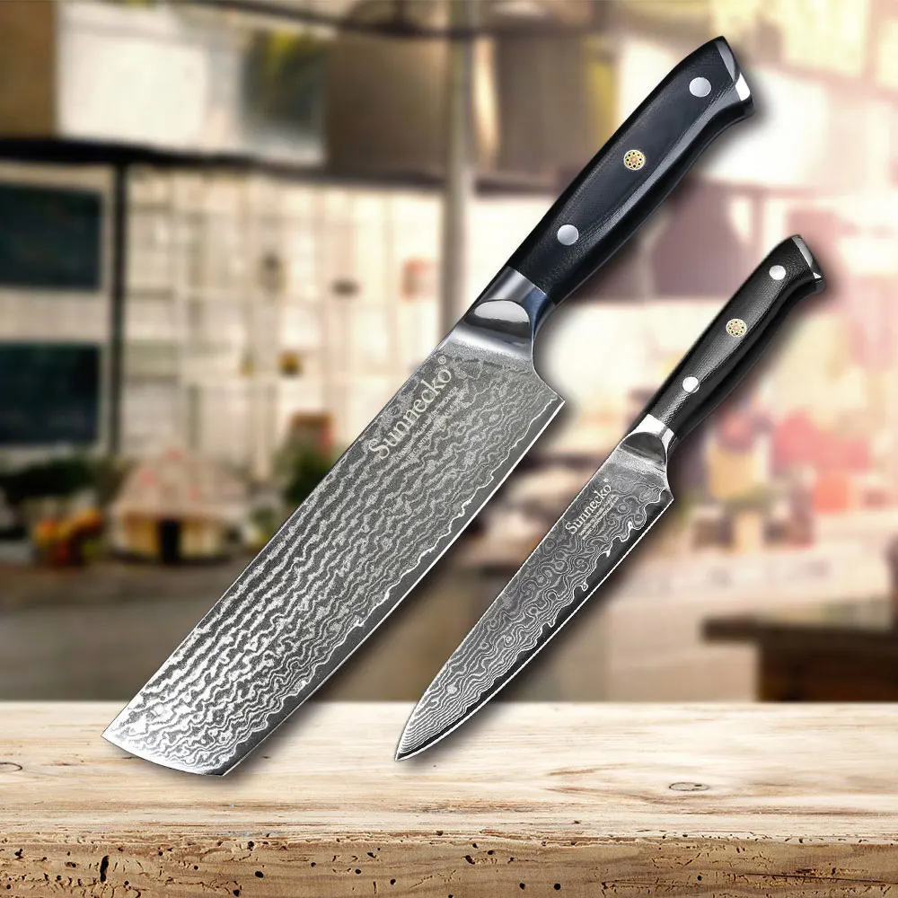 

SUNNECKO 2PCS Damascus Kitchen Knives Set Santoku Utility Knife Japanese VG10 Steel Blade G10 Handle Meat Cutter Chef's knife