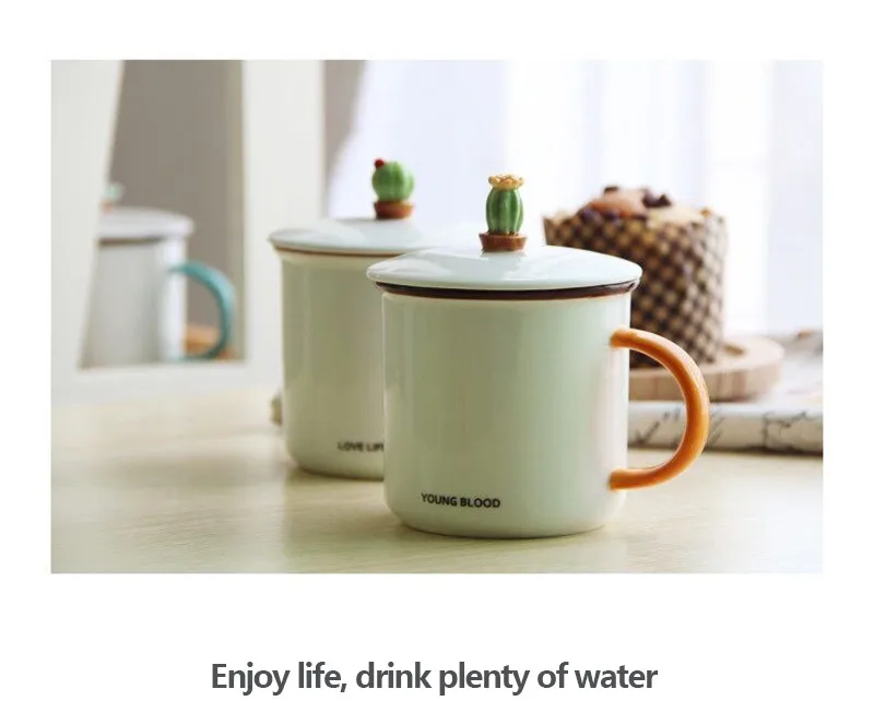 HOMIE Fun Plant cactus cup With lid and spoon cup Coffee Mug Large Capacity 400ml Mugs creative Drinkware Coffee Tea Cups Gifts08