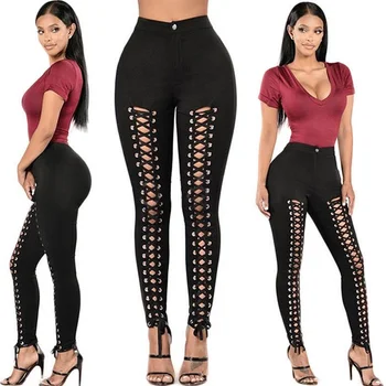

Sexy Women High Waist Slim Fit Legging Pencil Pants Skinny Bandage Rivet Lace Up Long Trousers BMF88