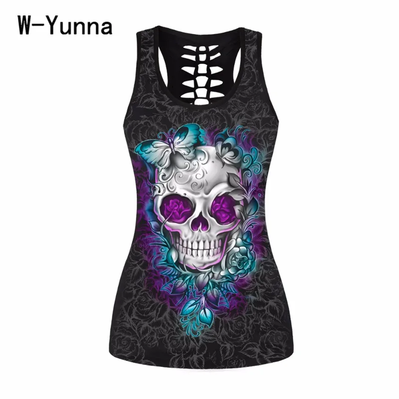 

Summer New Skull Sexy Tank Top Digital Printing Hollow Tank Top Black Breathable Wild Loose Tops Casual fashion slim Women vest