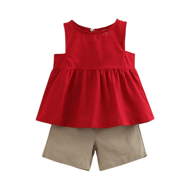 

Kid Girl's Summer Solid Color Clothing Sets Child Baby Girl Red Sleeveless Vest & Coffee Casual Shorts