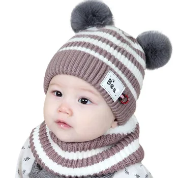 

Warm Children Kids Cute Knit Caps Scarves For Baby Girls Boys Winter Warm Cartoon Stripe Hat with Ear Design Scarf Sets